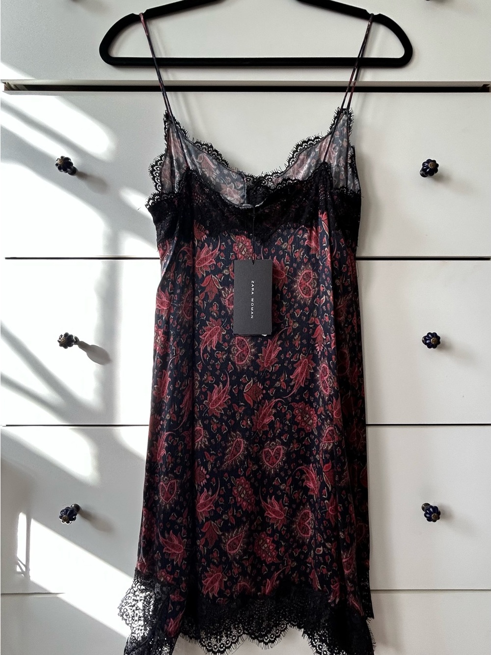 Zara Black Slip Dress with Pink Floral Print and Lace Trim - Picture 2 of 2